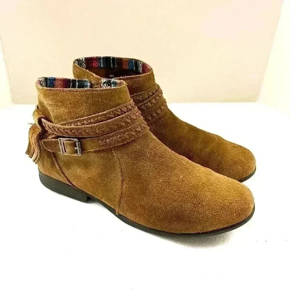 Minnetonka Women's Dixon Brown Suede Braided Buckle Moccasin Zip Booties Size 8